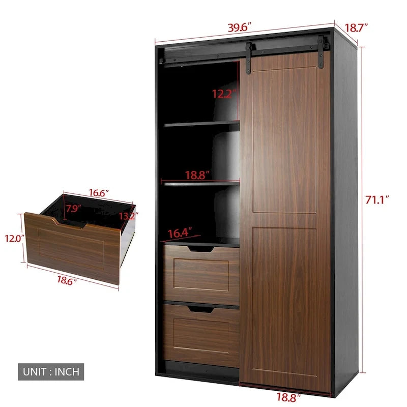 Sliding Barn Door Wardrobe - Black & Brown, 71"H, Hanging Rod, Drawers, Floor-to-Ceiling Design