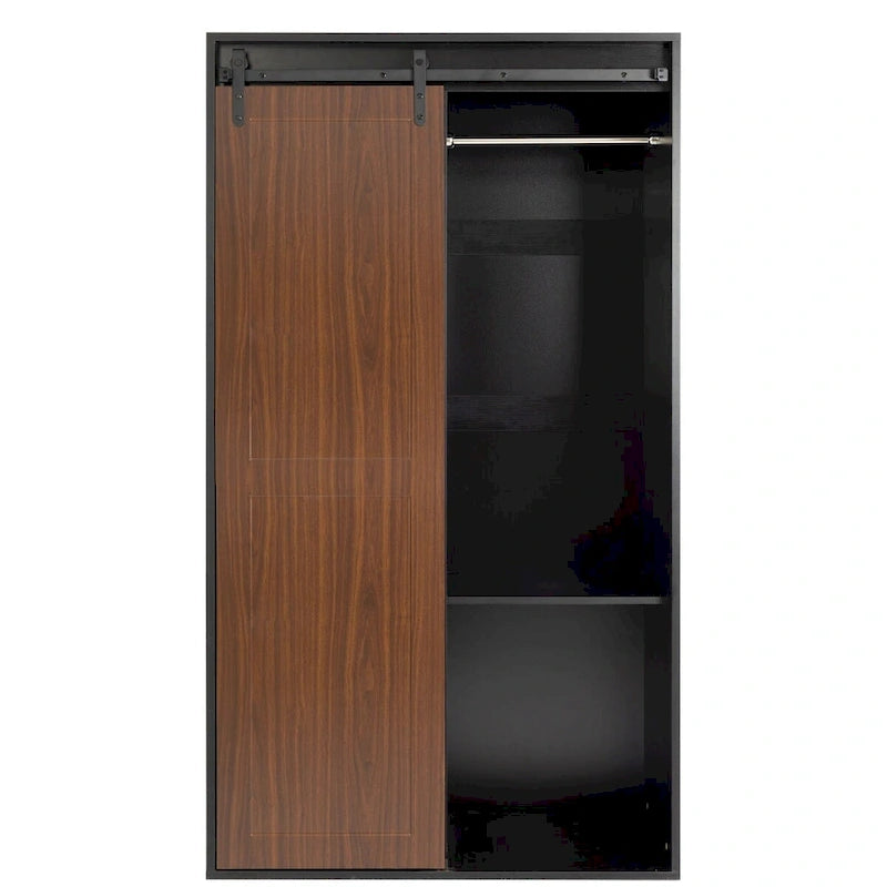 Sliding Barn Door Wardrobe - Black & Brown, 71"H, Hanging Rod, Drawers, Floor-to-Ceiling Design