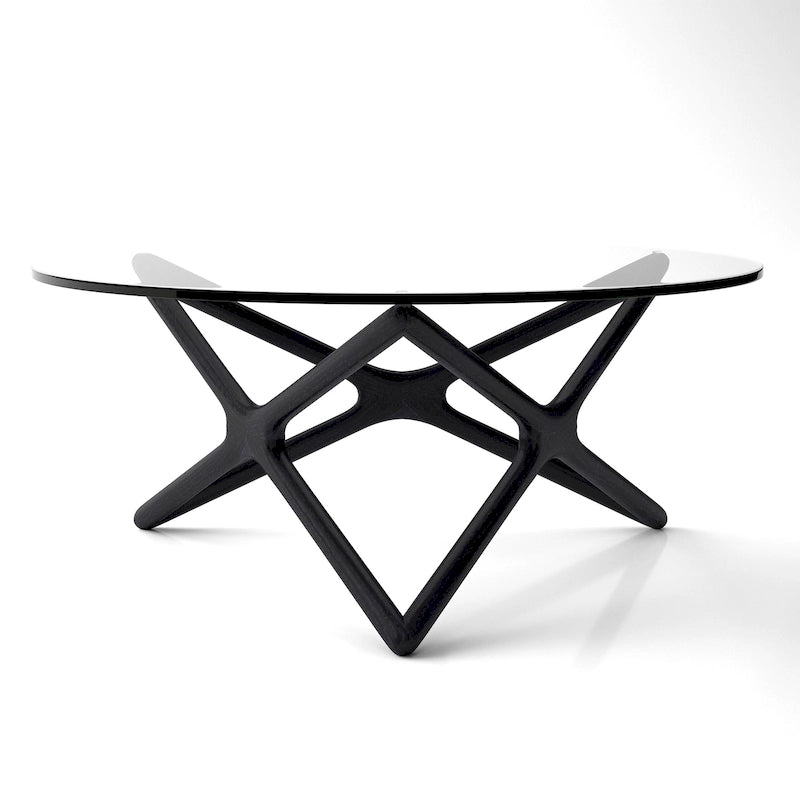 Coffee Table - 39.5" Tempered Glass Top, American Ash Wood, 6-Point Cross Base, Modern Design