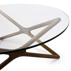 Coffee Table - 39.5" Tempered Glass Top, American Ash Wood, 6-Point Cross Base, Modern Design