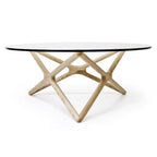 Coffee Table - 39.5" Tempered Glass Top, American Ash Wood, 6-Point Cross Base, Modern Design