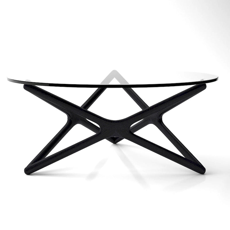 Coffee Table - 39.5" Tempered Glass Top, American Ash Wood, 6-Point Cross Base, Modern Design