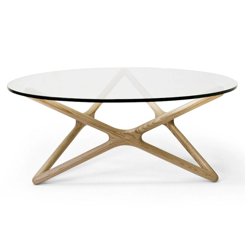Coffee Table - 39.5" Tempered Glass Top, American Ash Wood, 6-Point Cross Base, Modern Design