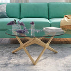 Coffee Table - 39.5" Tempered Glass Top, American Ash Wood, 6-Point Cross Base, Modern Design