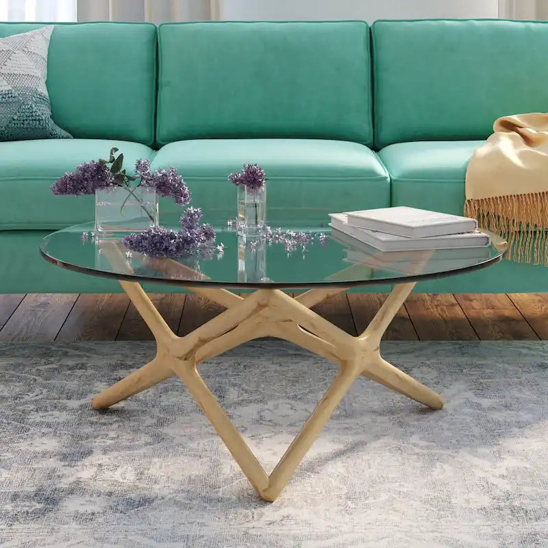 Coffee Table - 39.5" Tempered Glass Top, American Ash Wood, 6-Point Cross Base, Modern Design