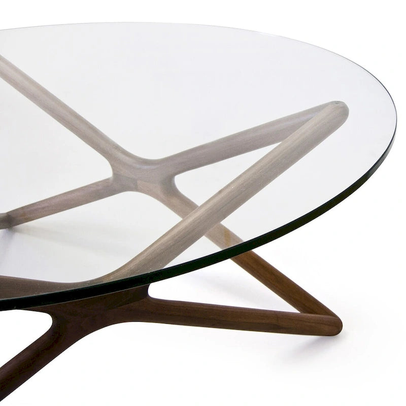 Coffee Table - 39.5" Tempered Glass Top, American Ash Wood, 6-Point Cross Base, Modern Design