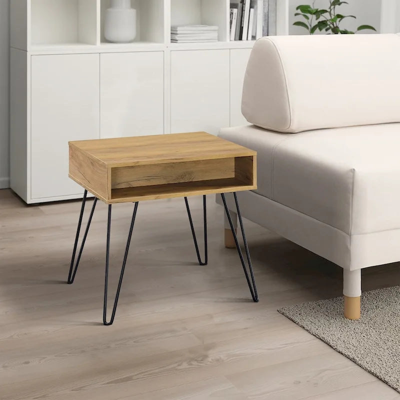 24 Inch Modern Side End Table, Golden Oak Wood, Black Metal Hairpin Legs