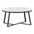 36 Inch Coffee Table, Faux Marble Tabletop, Sturdy Metal Base, White, Black