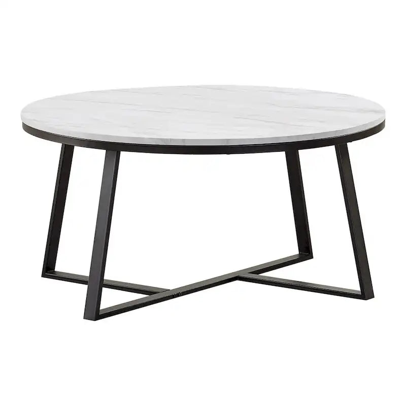 36 Inch Coffee Table, Faux Marble Tabletop, Sturdy Metal Base, White, Black