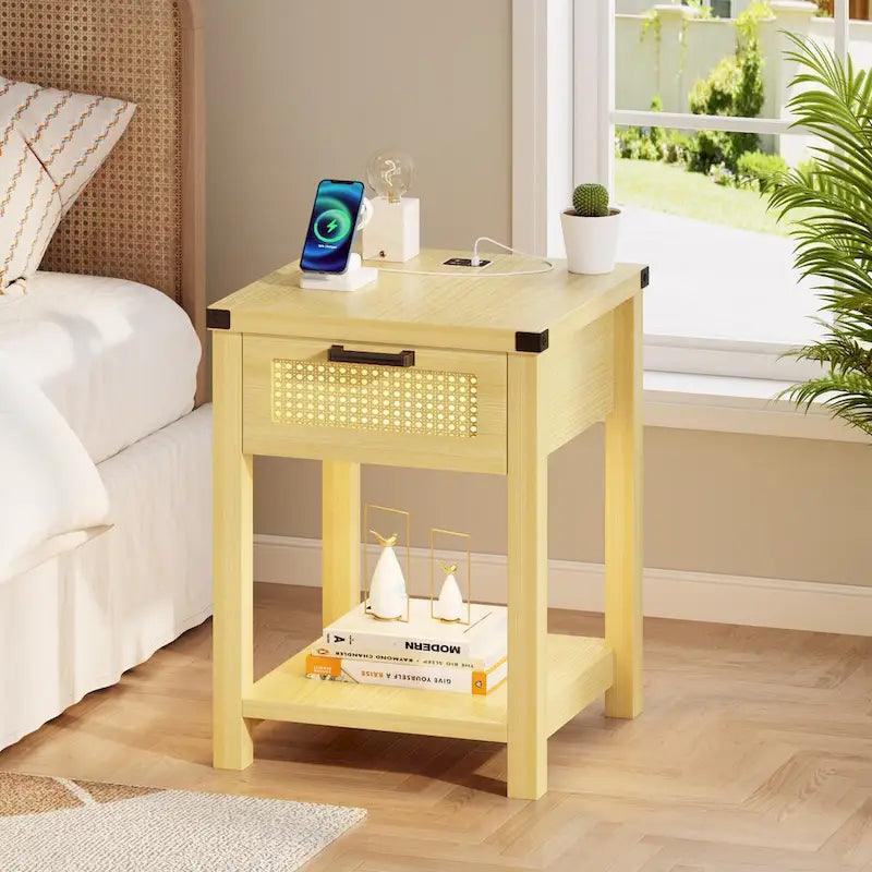 End Table - LED Light, USB & Type-C Charging, Motion Sensor, Rattan Drawer, Farmhouse, 150 lbs