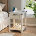 End Table - LED Light, USB & Type-C Charging, Motion Sensor, Rattan Drawer, Farmhouse, 150 lbs
