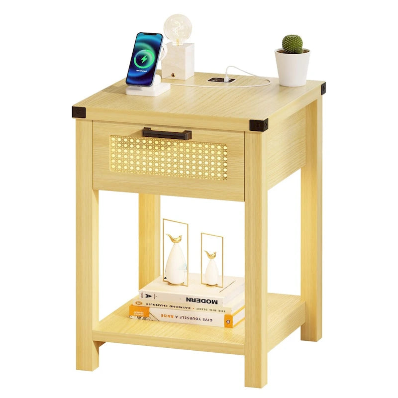 End Table - LED Light, USB & Type-C Charging, Motion Sensor, Rattan Drawer, Farmhouse, 150 lbs