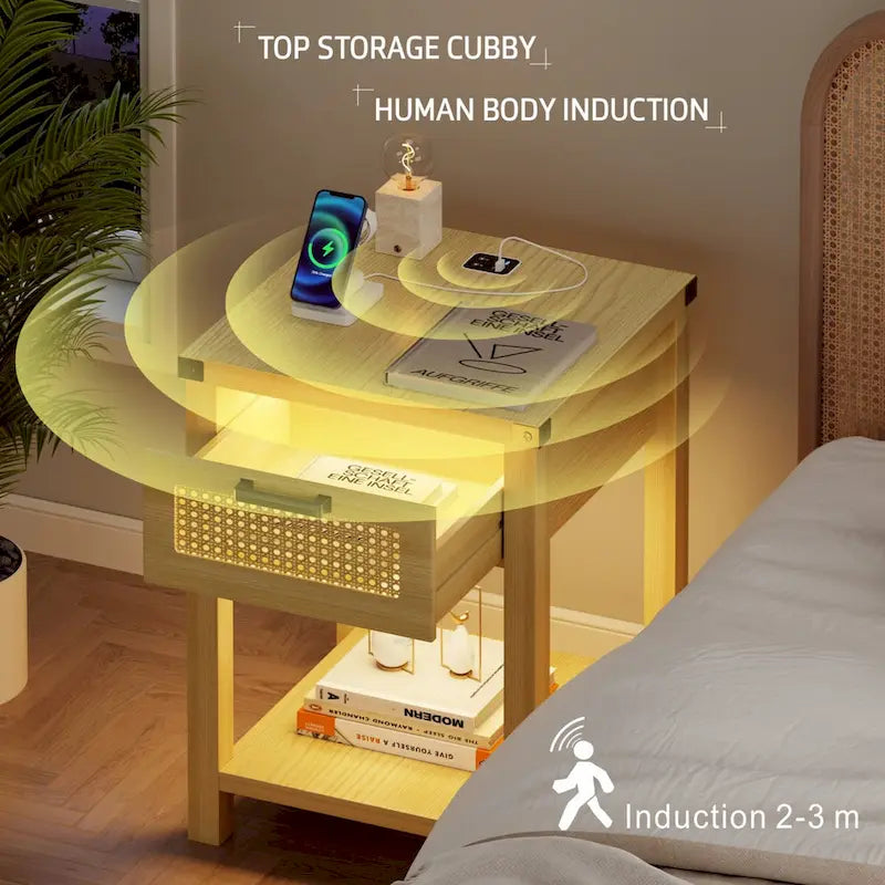 End Table - LED Light, USB & Type-C Charging, Motion Sensor, Rattan Drawer, Farmhouse, 150 lbs