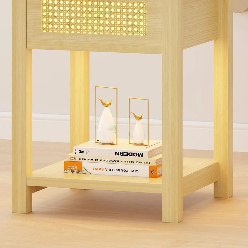 End Table - LED Light, USB & Type-C Charging, Motion Sensor, Rattan Drawer, Farmhouse, 150 lbs