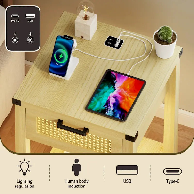 End Table - LED Light, USB & Type-C Charging, Motion Sensor, Rattan Drawer, Farmhouse, 150 lbs