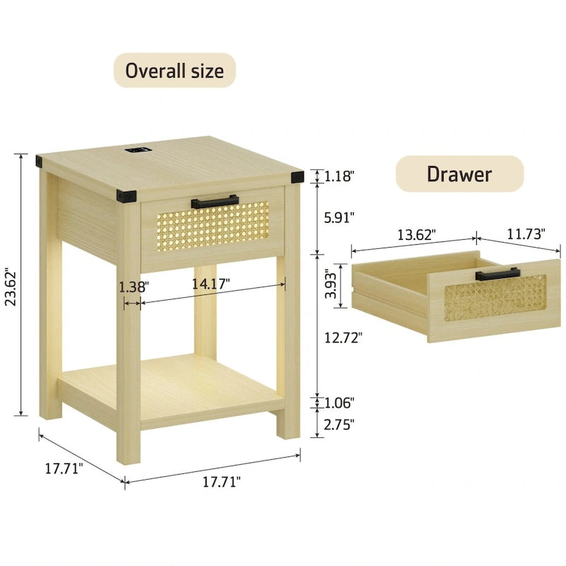 End Table - LED Light, USB & Type-C Charging, Motion Sensor, Rattan Drawer, Farmhouse, 150 lbs