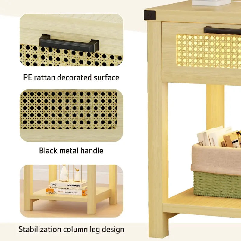 End Table - LED Light, USB & Type-C Charging, Motion Sensor, Rattan Drawer, Farmhouse, 150 lbs