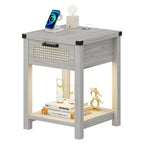 End Table - LED Light, USB & Type-C Charging, Motion Sensor, Rattan Drawer, Farmhouse, 150 lbs