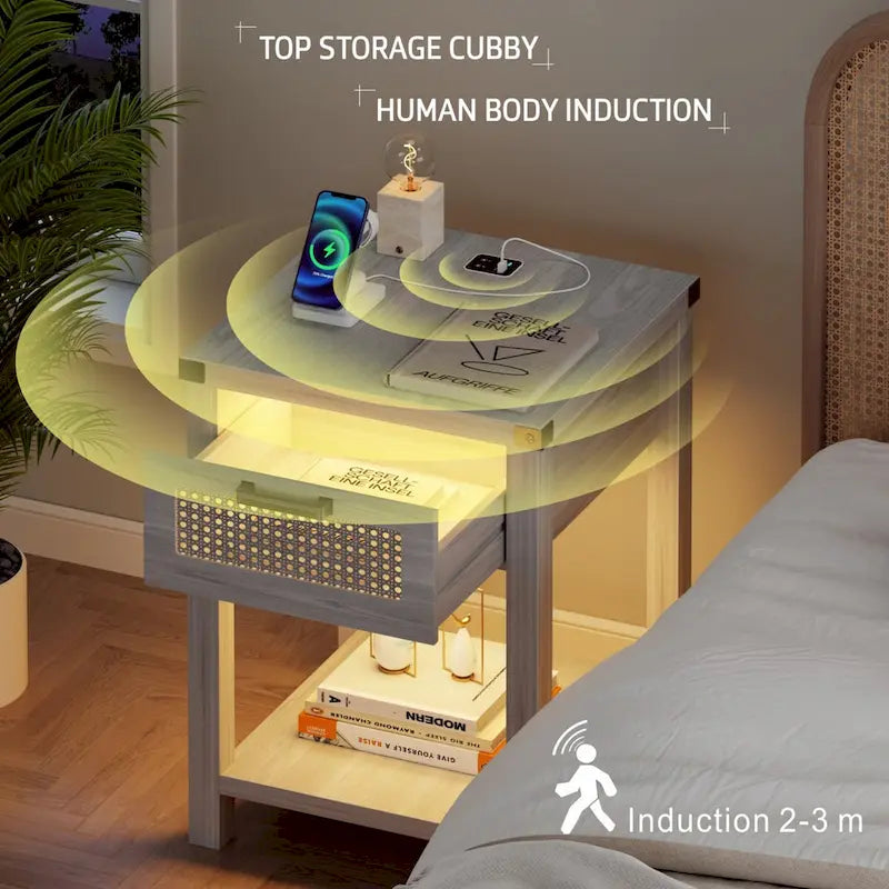 End Table - LED Light, USB & Type-C Charging, Motion Sensor, Rattan Drawer, Farmhouse, 150 lbs