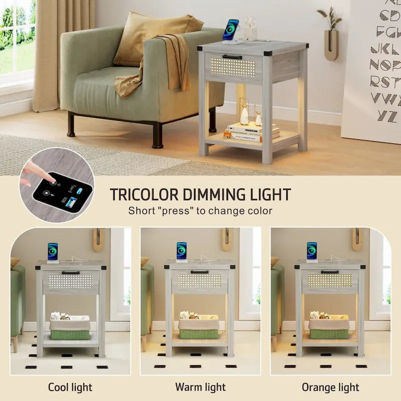 End Table - LED Light, USB & Type-C Charging, Motion Sensor, Rattan Drawer, Farmhouse, 150 lbs