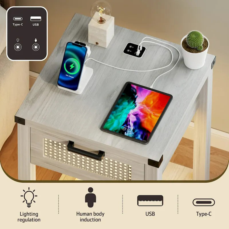 End Table - LED Light, USB & Type-C Charging, Motion Sensor, Rattan Drawer, Farmhouse, 150 lbs