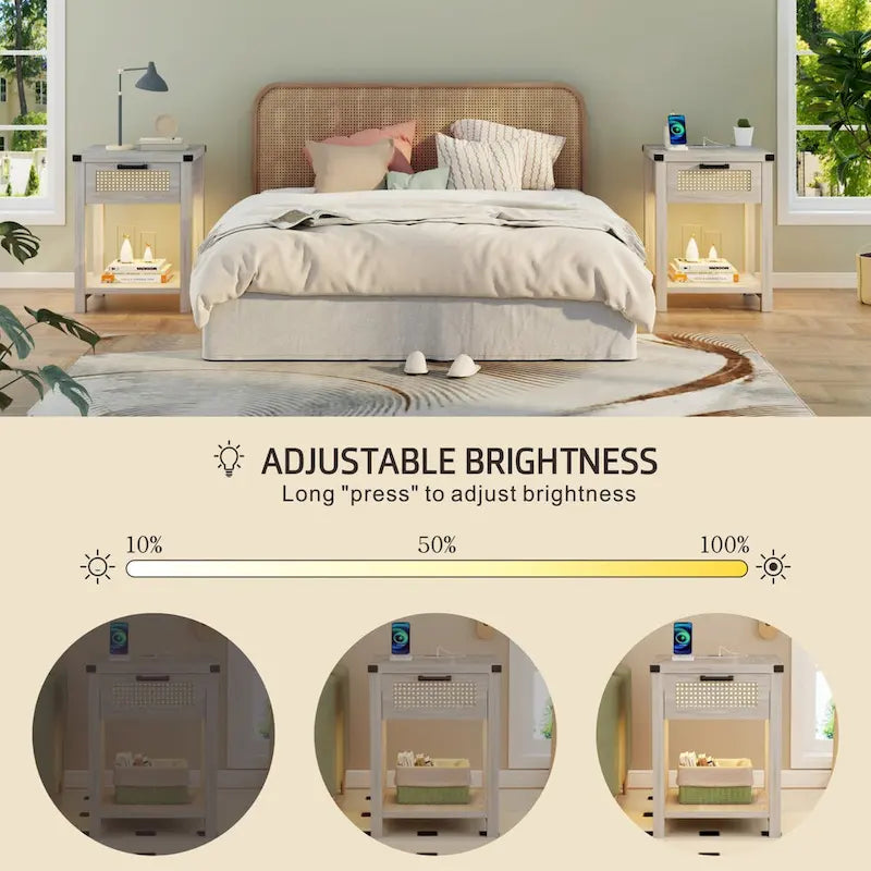 End Table - LED Light, USB & Type-C Charging, Motion Sensor, Rattan Drawer, Farmhouse, 150 lbs