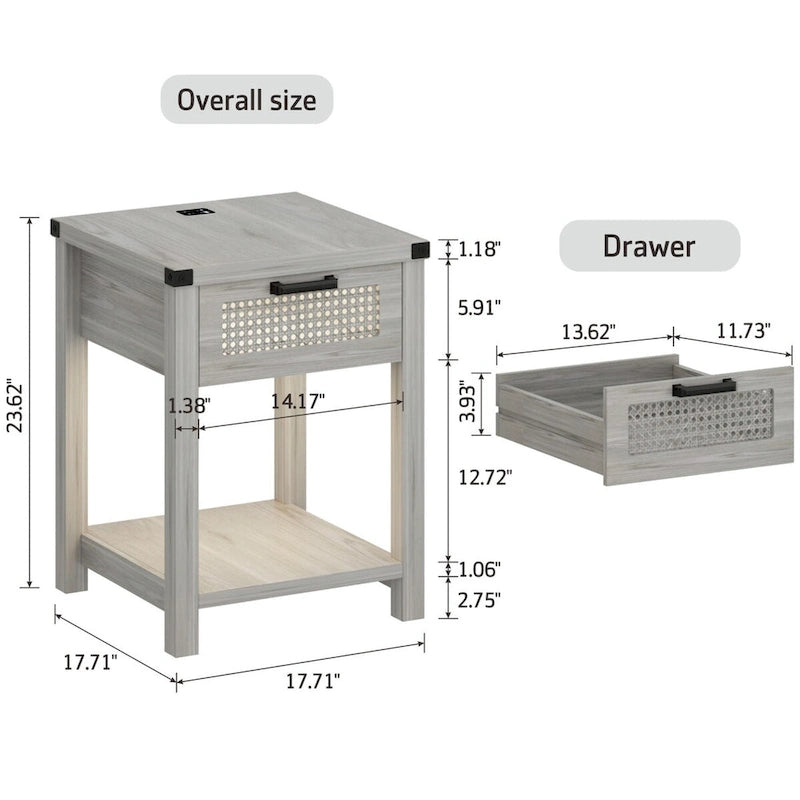 End Table - LED Light, USB & Type-C Charging, Motion Sensor, Rattan Drawer, Farmhouse, 150 lbs