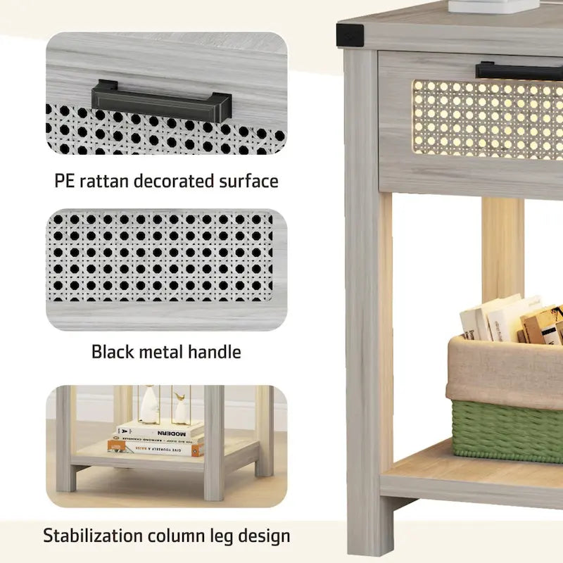 End Table - LED Light, USB & Type-C Charging, Motion Sensor, Rattan Drawer, Farmhouse, 150 lbs