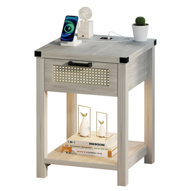 End Table - LED Light, USB & Type-C Charging, Motion Sensor, Rattan Drawer, Farmhouse, 150 lbs