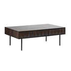Modern Coffee Table - Espresso Oak Veneer, 2 Drawers, Matte Black Metal Base, 46"W x 16.5"H