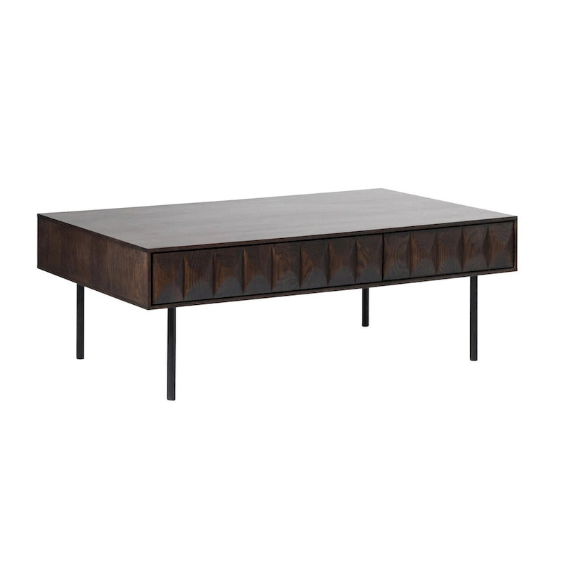Modern Coffee Table - Espresso Oak Veneer, 2 Drawers, Matte Black Metal Base, 46"W x 16.5"H