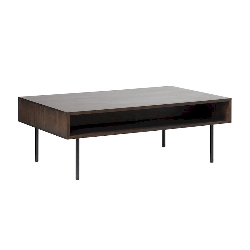 Modern Coffee Table - Espresso Oak Veneer, 2 Drawers, Matte Black Metal Base, 46"W x 16.5"H