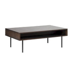 Modern Coffee Table - Espresso Oak Veneer, 2 Drawers, Matte Black Metal Base, 46"W x 16.5"H