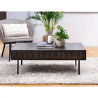 Modern Coffee Table - Espresso Oak Veneer, 2 Drawers, Matte Black Metal Base, 46"W x 16.5"H