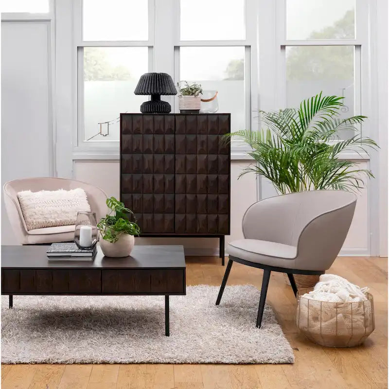 Modern Coffee Table - Espresso Oak Veneer, 2 Drawers, Matte Black Metal Base, 46"W x 16.5"H