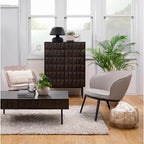 Modern Coffee Table - Espresso Oak Veneer, 2 Drawers, Matte Black Metal Base, 46"W x 16.5"H