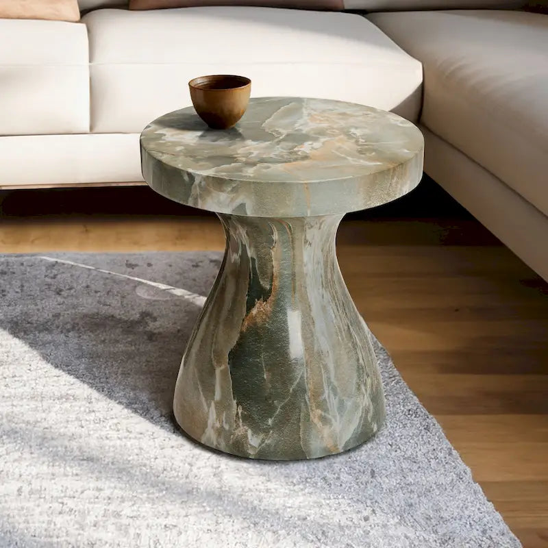 Faux Marble End Table - Weatherproof Concrete, Indoor/Outdoor, 16.14"W x 16.9"H, Multi-Use Stool